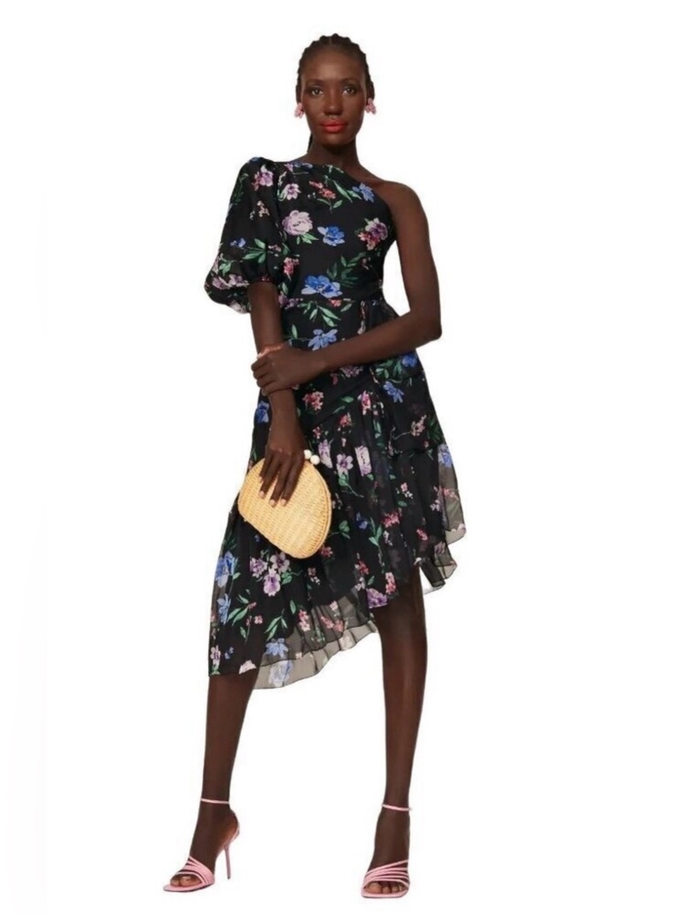 Shoshanna Midnight Gia One Shoulder Dress in Black Floral 8 Womens Cocktail